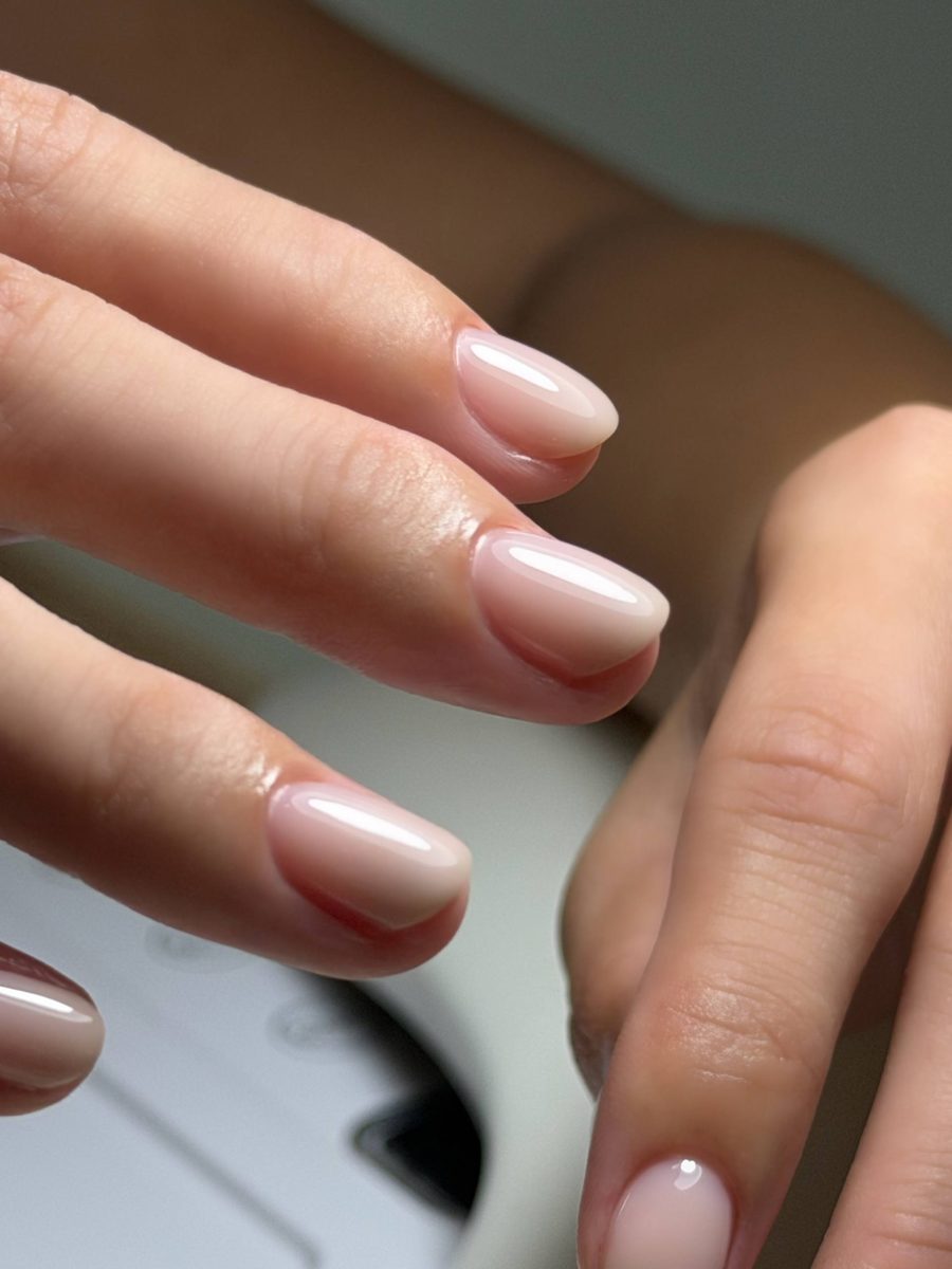 Close-up of a sheer nude Russian manicure, gel sitting right at the cuticle line